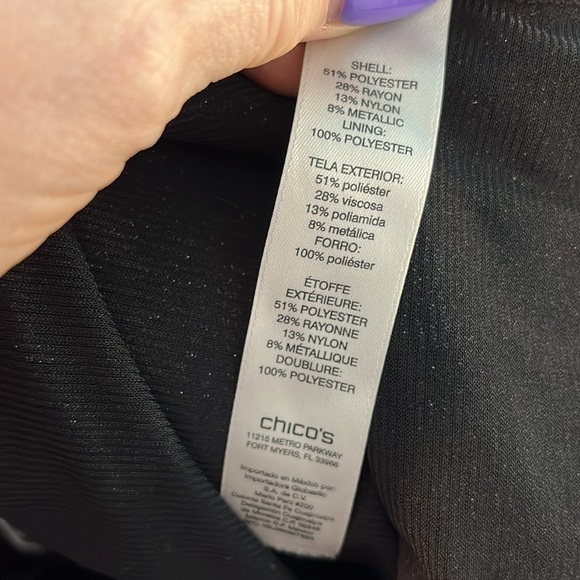 Chico’s Glittery Black Top Metallic 3/4 Sleeves Chicos 3 = XL Silver - Picture 7 of 9